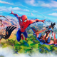 Spider-Man and other Fortnite characters above the game's new island in a promo image for Chapter Three.